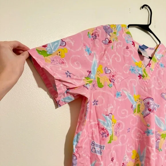 Disney | Tinkerbell Pink Cartoon Print Scrub Top - Picture 5 of 6